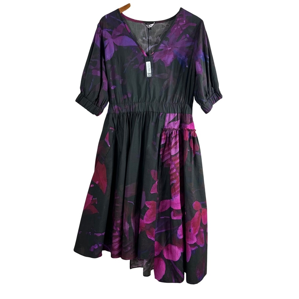 THE KIT. Purple Floral Cotton V-Neck Midi Dress with Pockets and Ruffle Size L - Picture 5 of 16